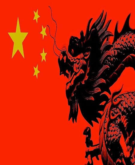Chinese flag with dragon printed over it