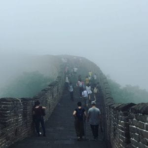 hiking the Great Wall of China on a foggy day