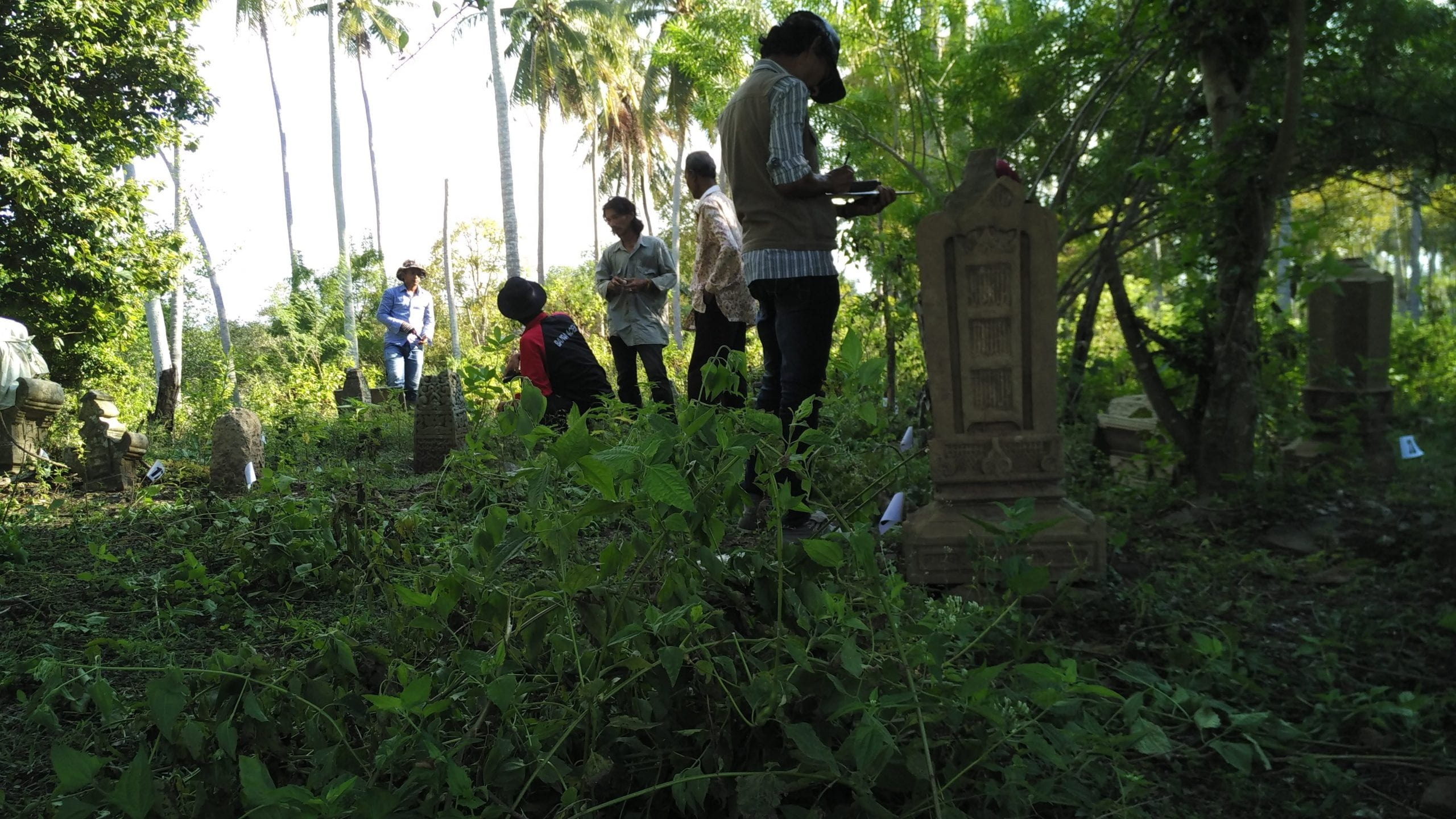 people in grassy area searching for gravestones of different eras