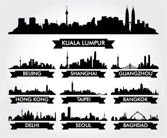 black silhouettes of Asian cities' skylines