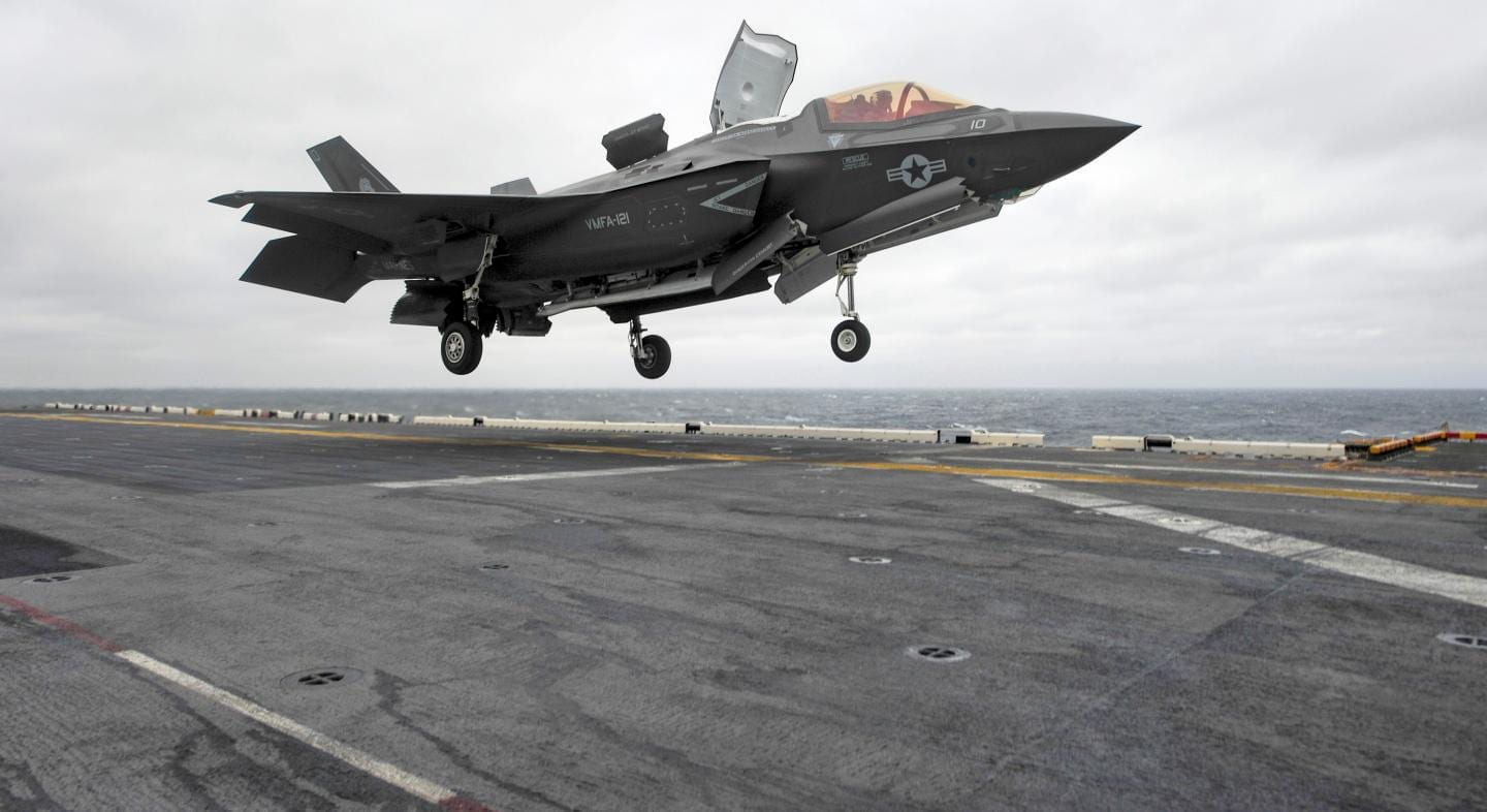 A Lockheed Martin F35-b Lightning 2 Joint Strike fighter jet lands on the USS Wasp