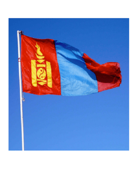 Mongolian flag flying at full staff against blue background