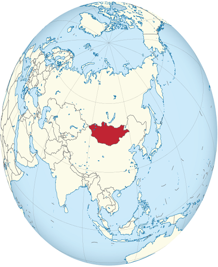 Map of the northern hemisphere with the country Mongolia colored red