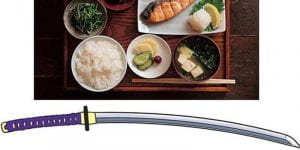 japanese katana sword below a set of japanese food