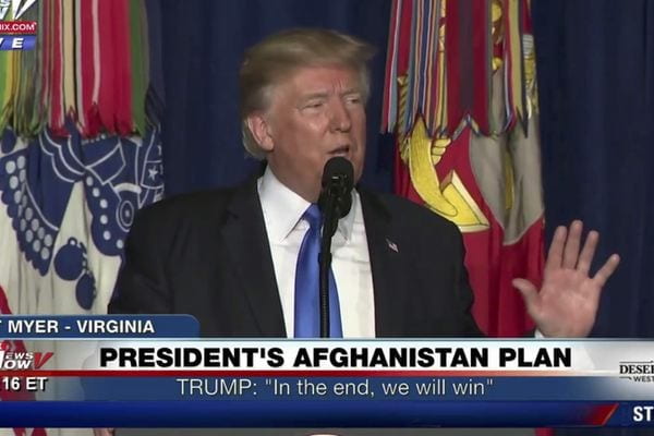 Donald Trump speaking on TV about his plan for Afghanistan