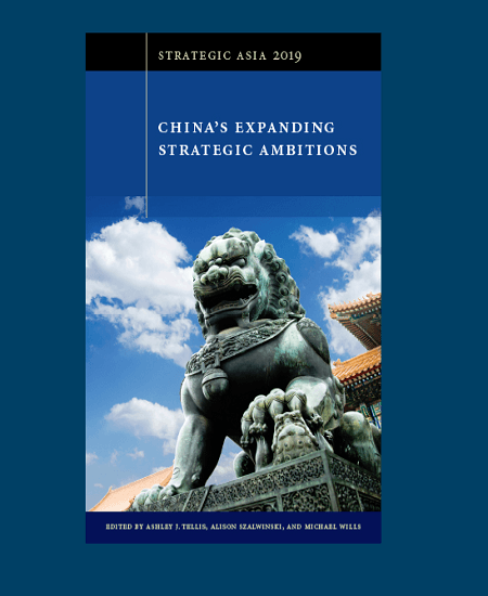 book cover with Chinese lion statue; text: Strategic Asia 2019 China's Expanding Strategic Ambitions