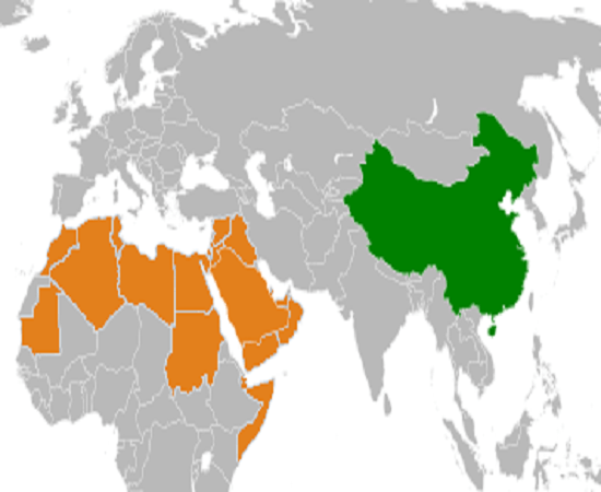 Map of Eastern Hemisphere with China highlighted in green and the Middle East and North Africa highlighted in orange