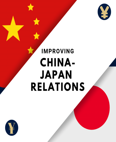 flyer with Chinese and Japanese flags and yuan and yen symbols; text: Improving China-Japan Relations