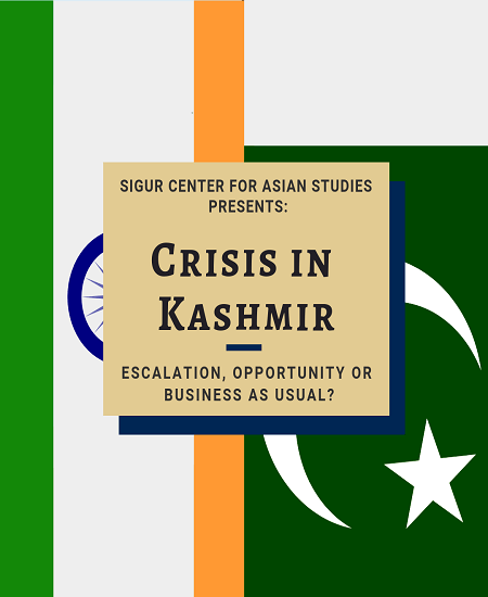 event tile with India and Pakistan flag in the background; text: Crisis in Kashmir: Escalation, Opportunity or Business as Usual?