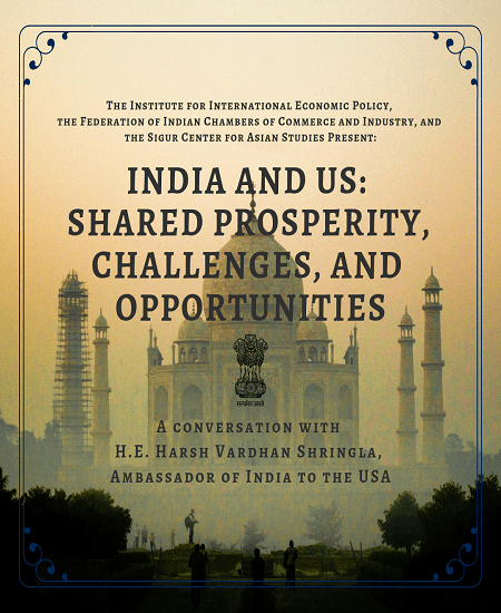 flyer with Taj Mahal stock image as background; text: India and USA: Shared Prosperity Opportunities and Challenges