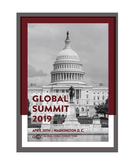 event flyer with US Capitol building in the background and white border; text: Global Summit 2019