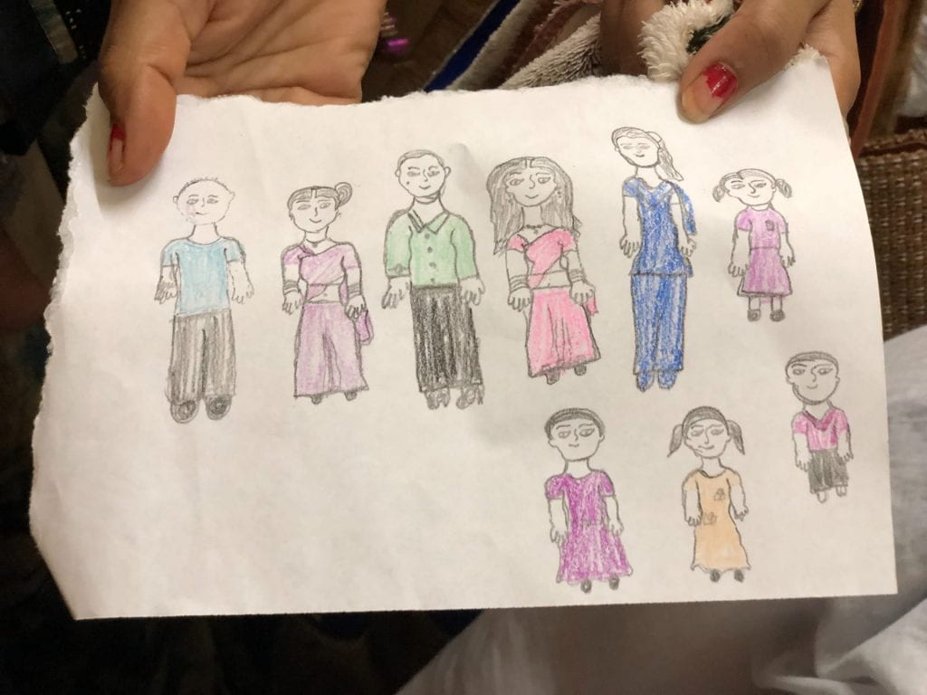 Drawing a family depicting a young girl in a purple dress, a woman in a blue sari and skirt, a, a woman in a pink sari and skirt, a man in a green shirt and black slacks, a woman in a light purple sari and skirt, a man in a blue shirt and black slacks, a young boy in a purple shirt and black pants, a young girl in a yellow dress, and a young girl in a dark purple dress