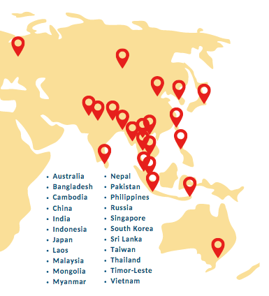 Yellow map of Asia with red pins for award destinations, which are listed in blue text