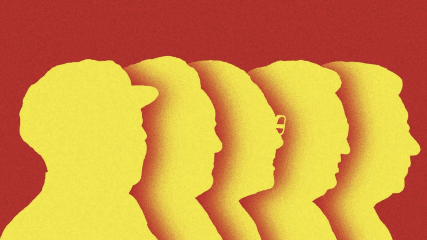yellow silhouettes of Chinese political figures on red background