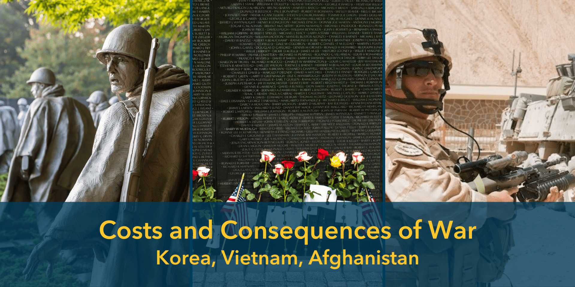 event banner with images of war and war memorials; text: Cost & Consequences of War