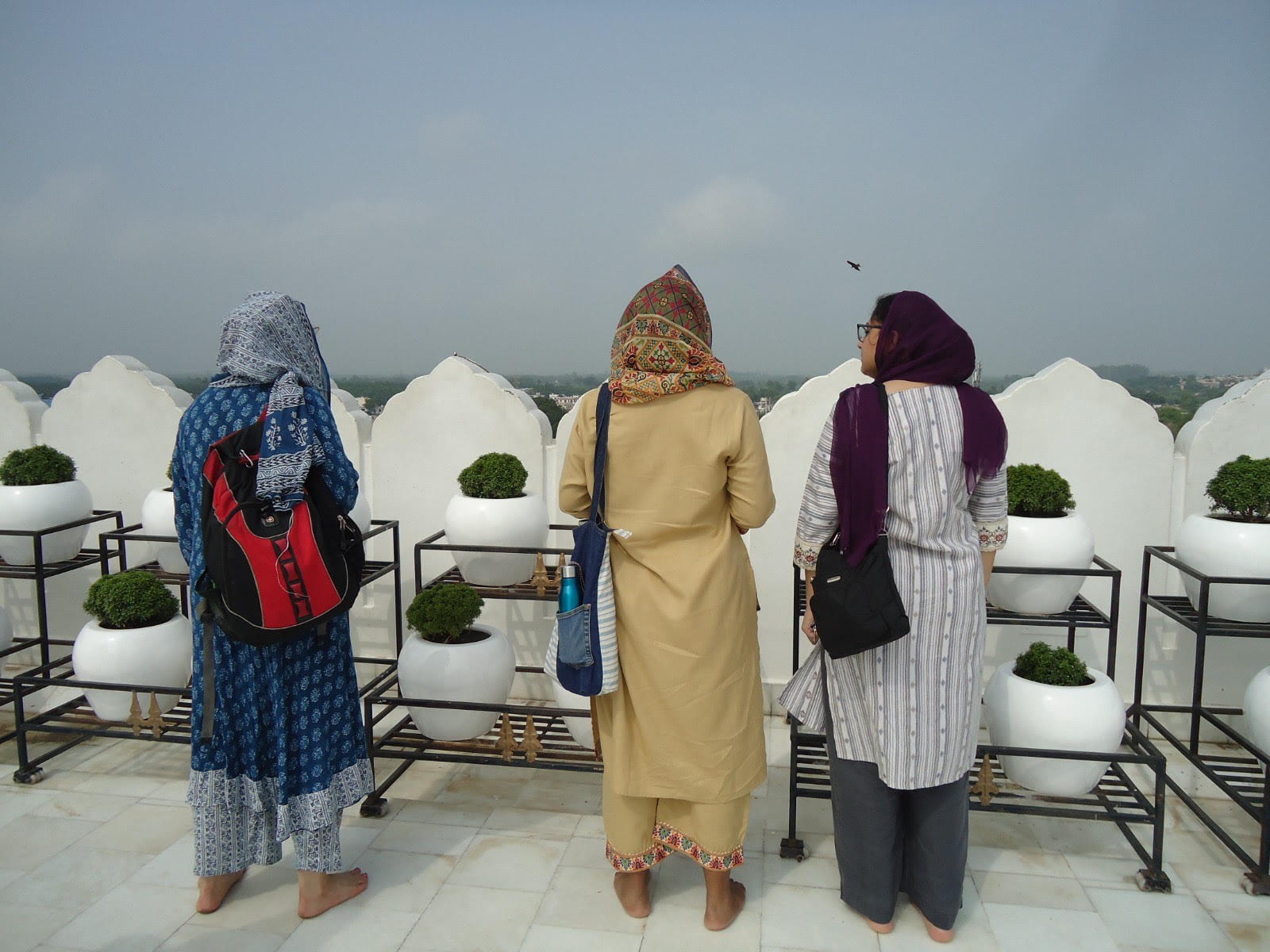 A picture of women in head coverings facing away from the camera